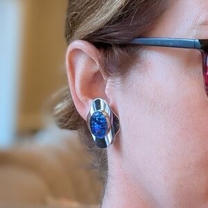 Silver and Blue Oval Earrings